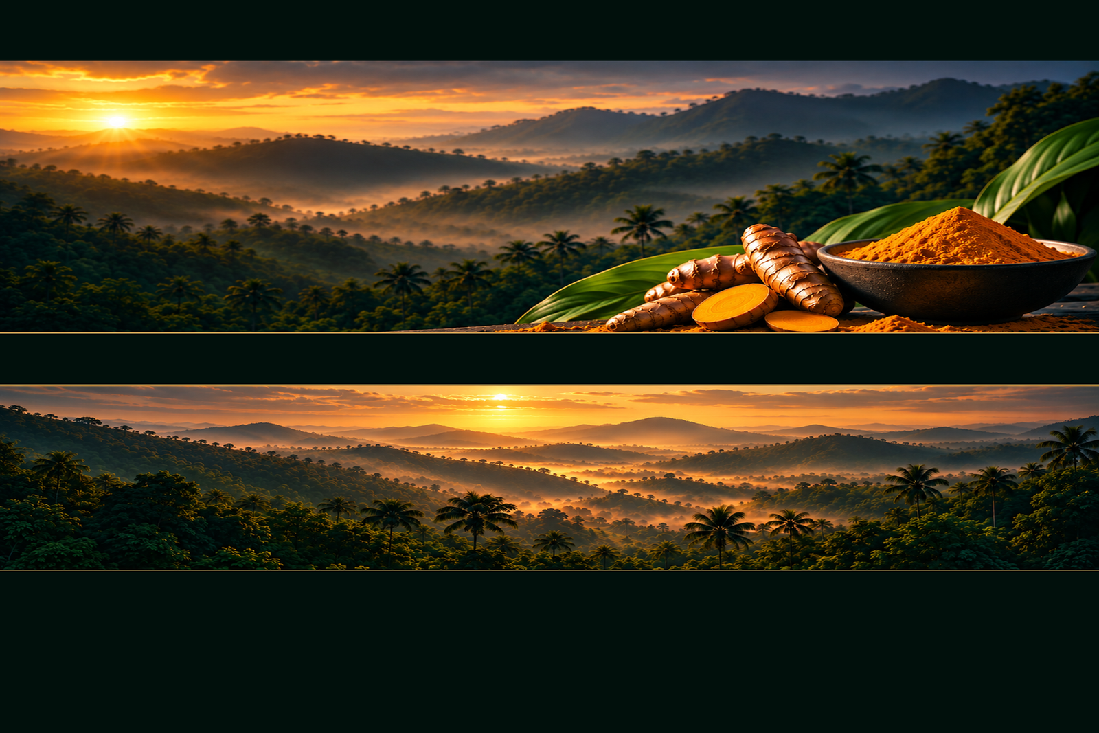 Turmeric roots and golden turmeric powder against a misty Indian mountain landscape at sunrise